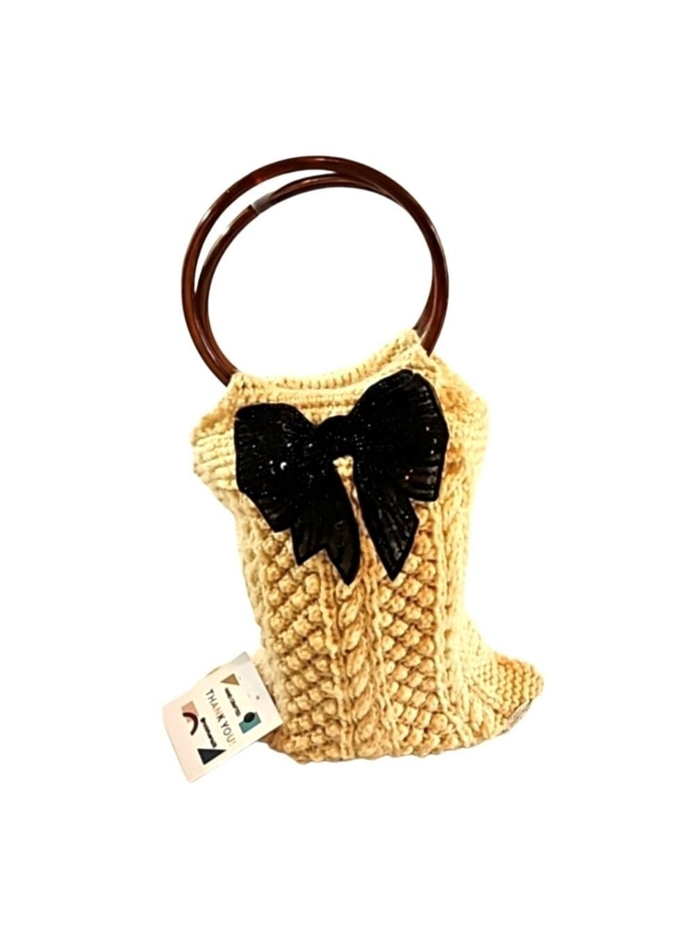 Beige Crochet Bag Black Beaded Bow Hand Crafted